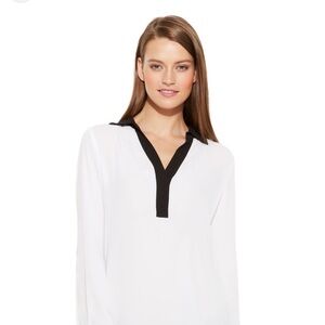 Faith and Joy women’s size small long sleeve V-neck blouse cream with black trim